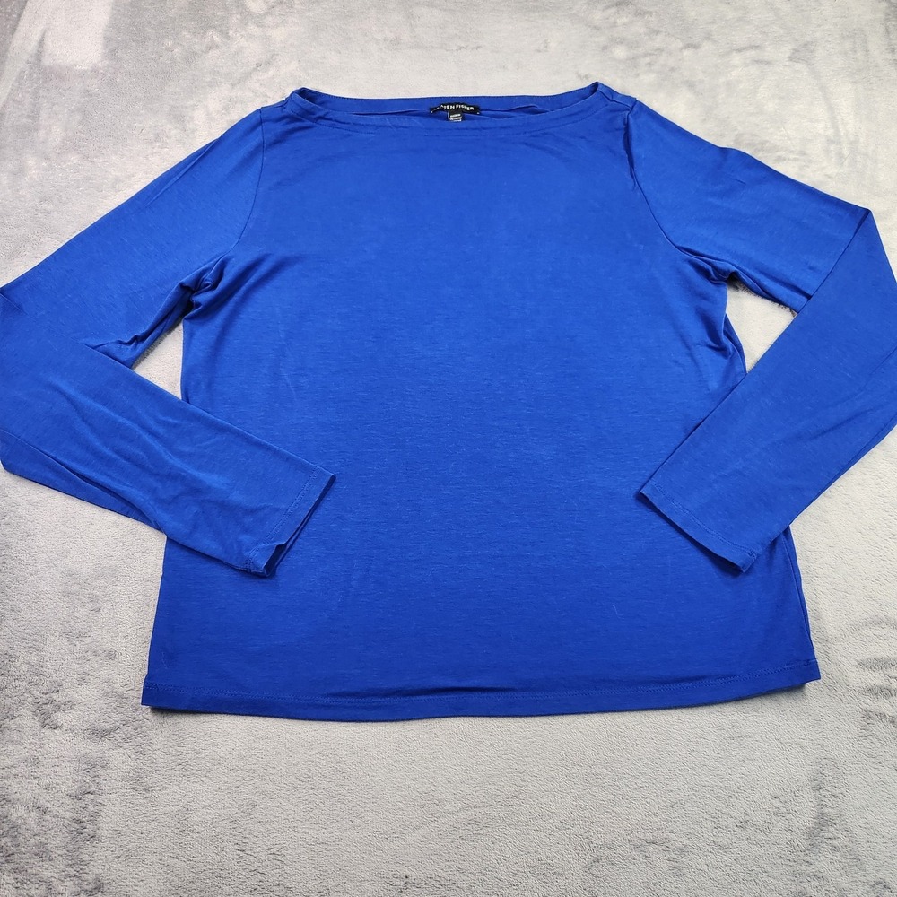 Eileen Fisher Boatneck Top Womens Small Blue Tencel Lyocell Long Sleeve Shirt S